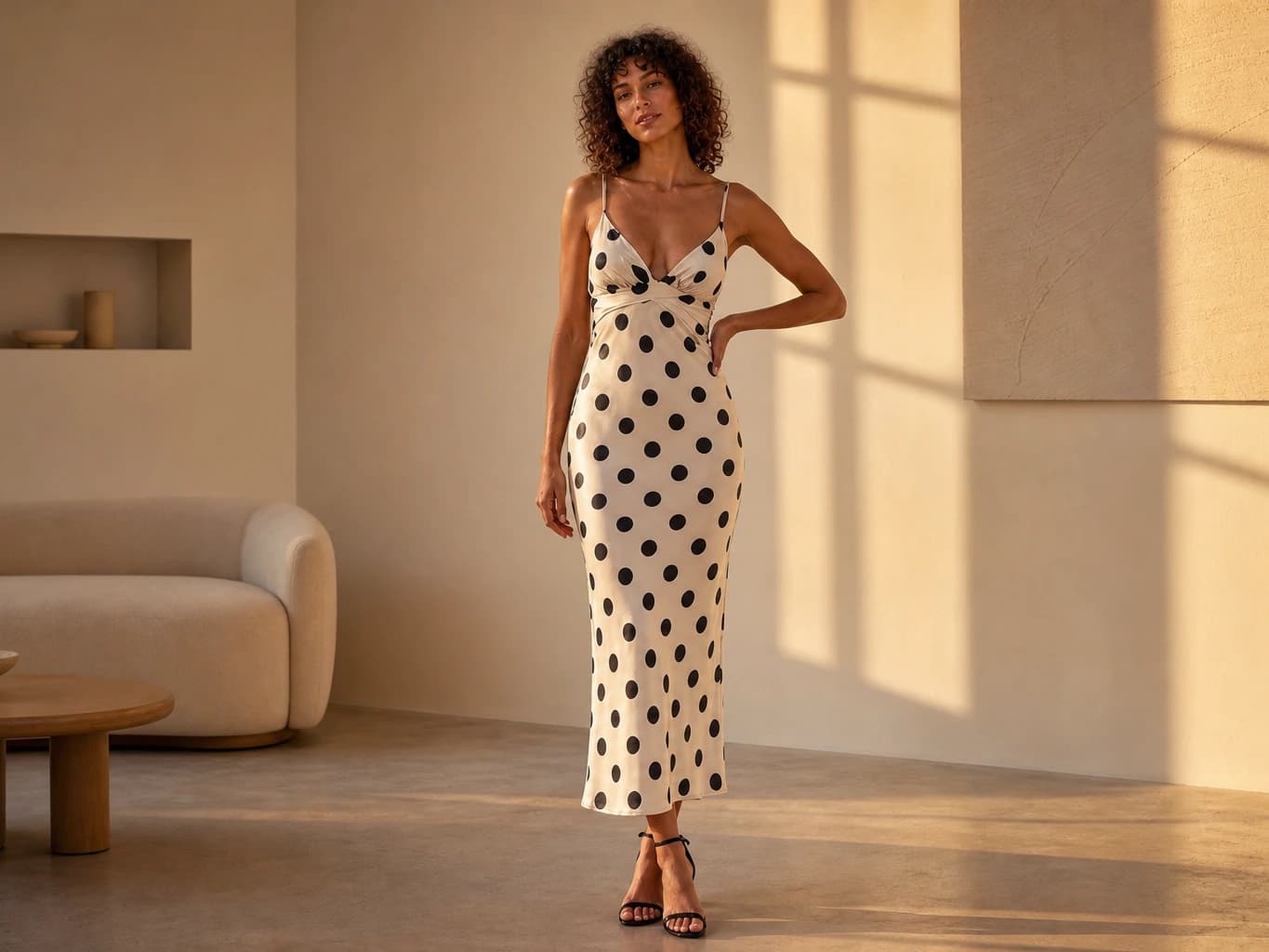 Polka Dot Satin Strappy Slit Dress