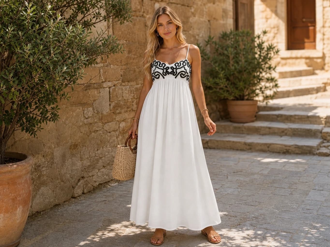 Embroidered-Bust Thin-Strap Linen Dress