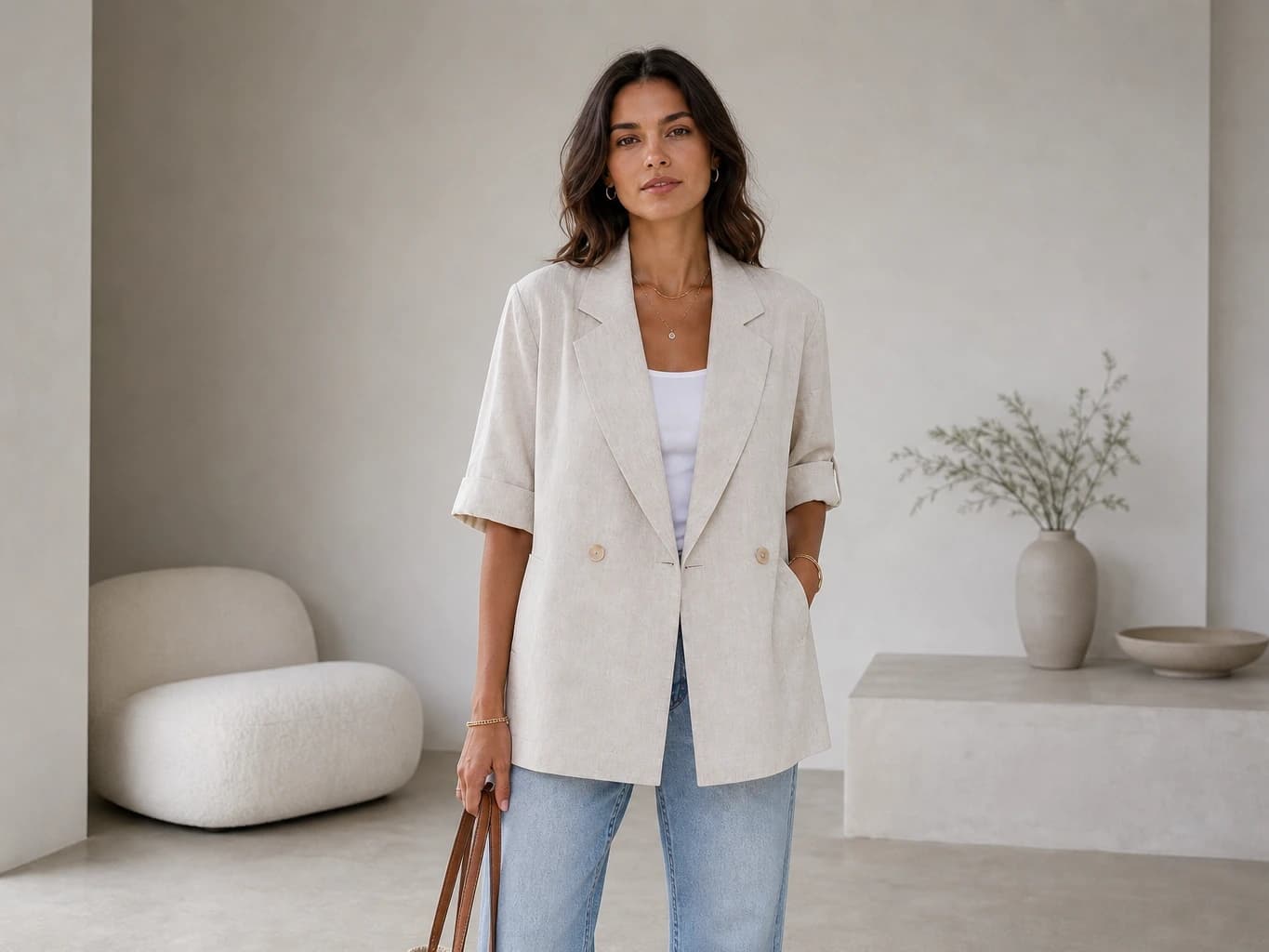 Yırtmaçlı Oversize Keten Ceket