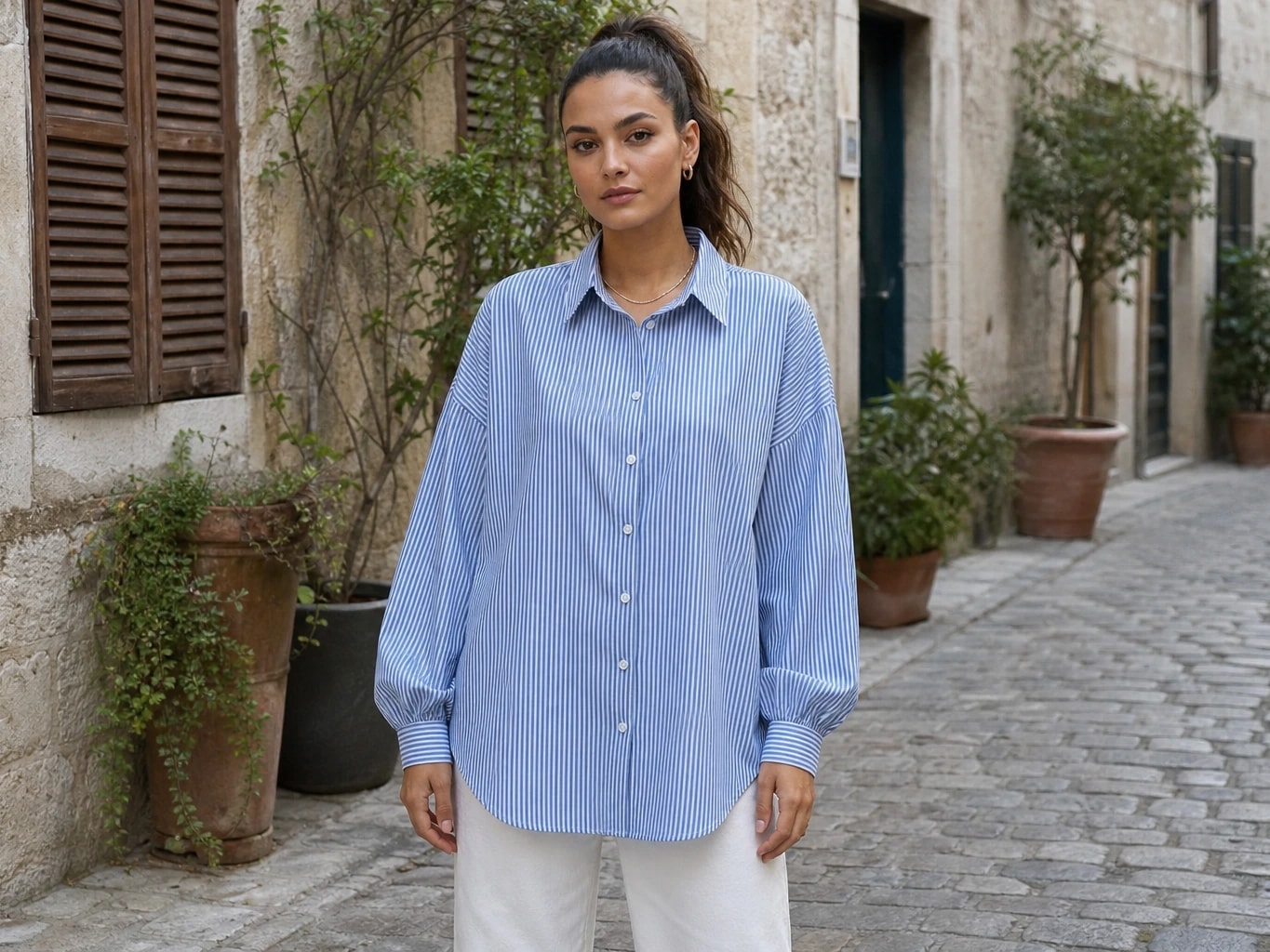 Çizgili Oversize Kadın Gömlek