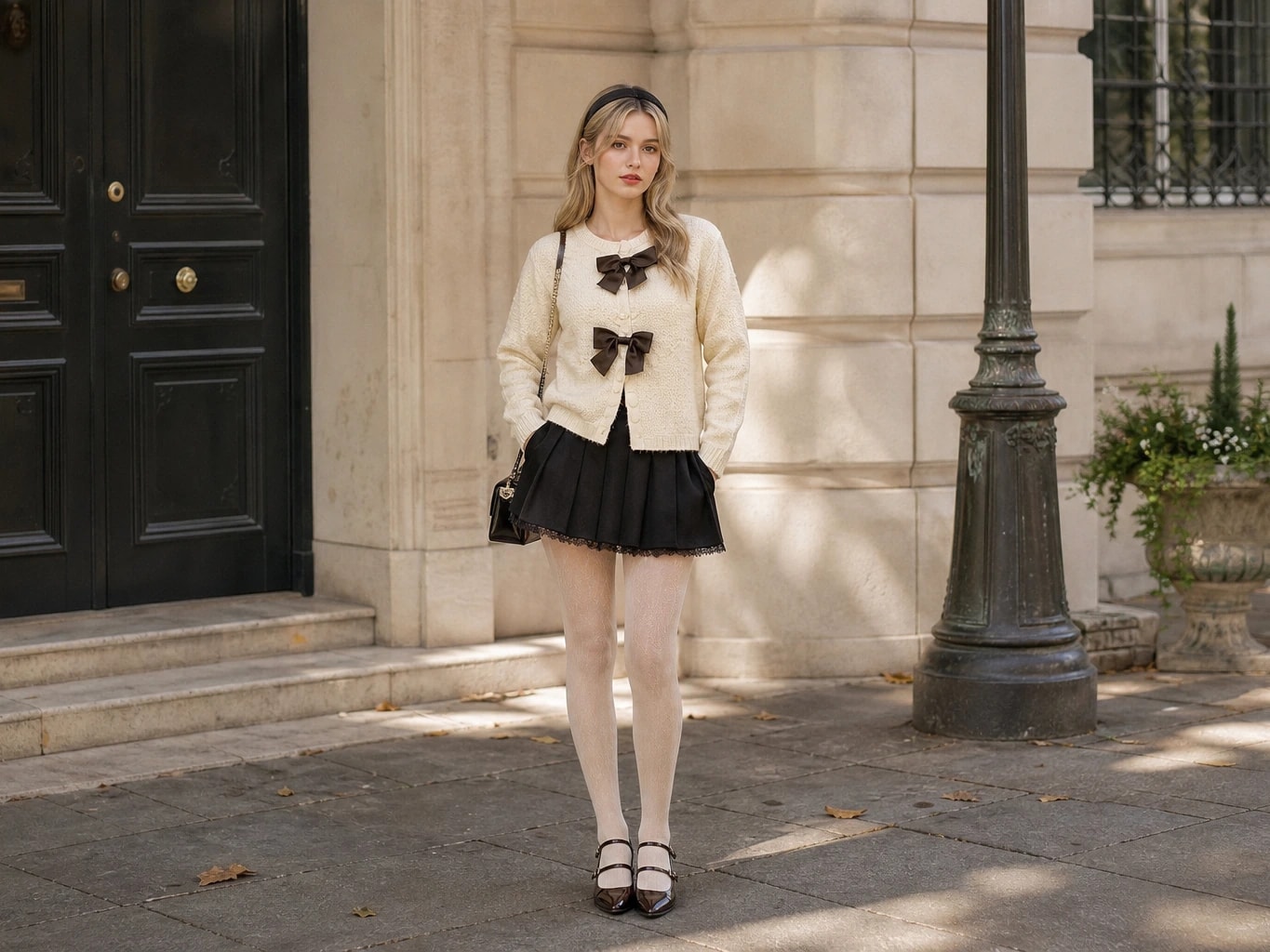 Black Bow Cream Knit Cardigan