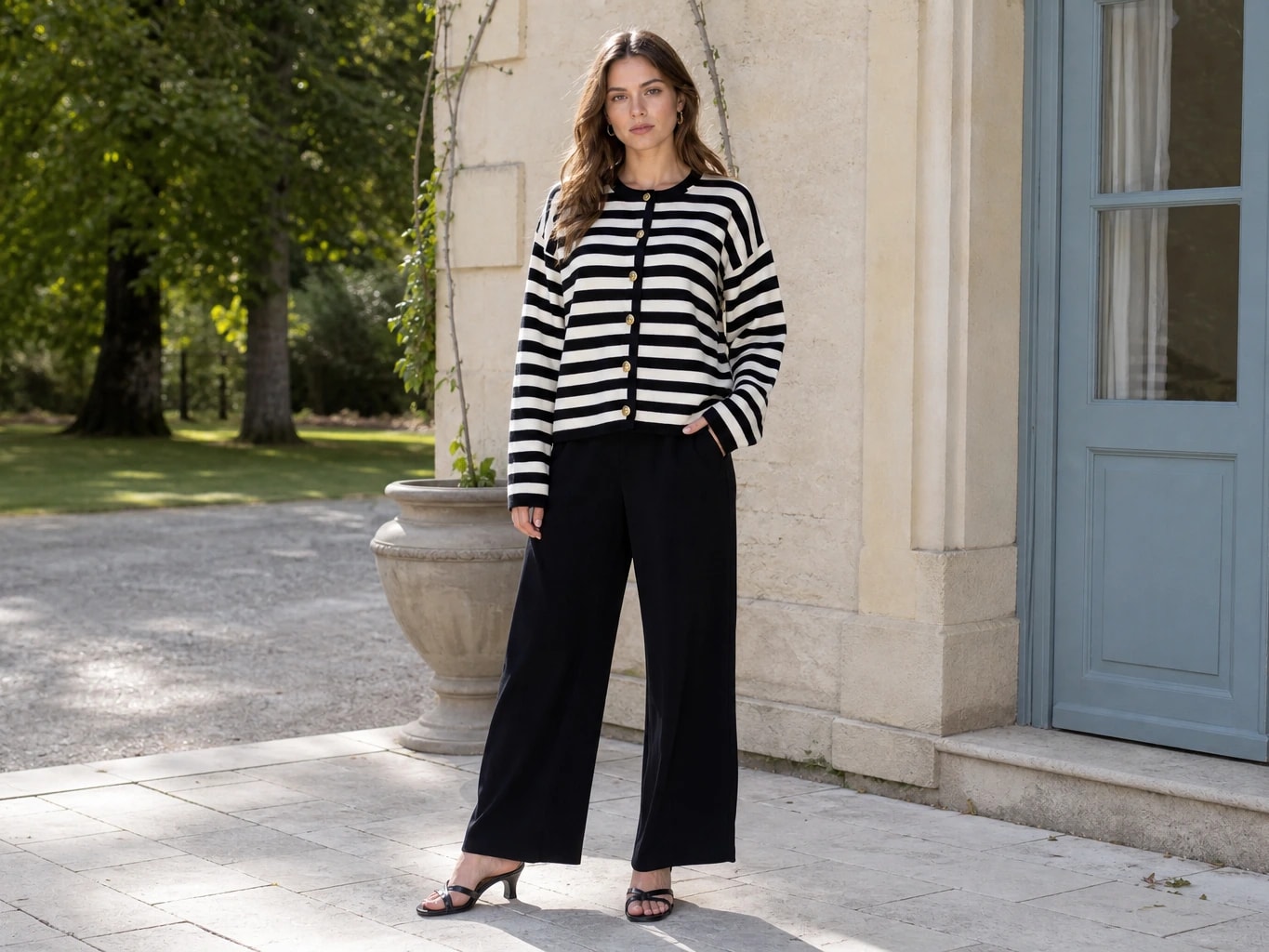Waist-Tie Striped Button Cardigan