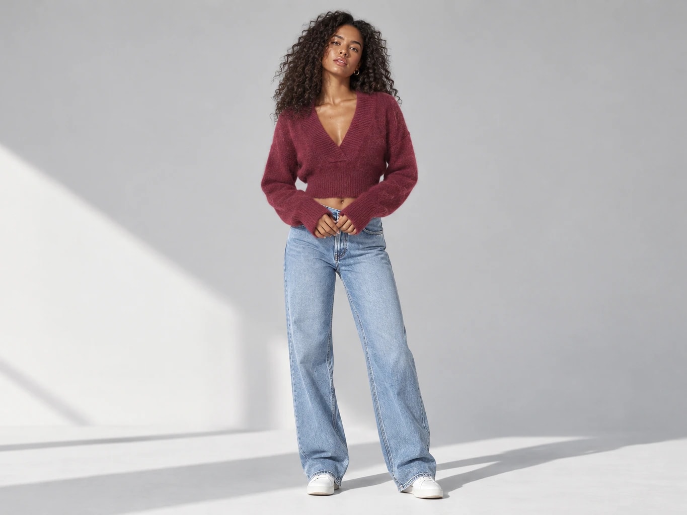 Deep V-Neck Cropped Knit Sweater