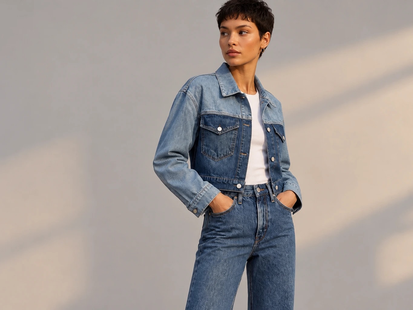 Çift Tonlu Crop Denim Ceket
