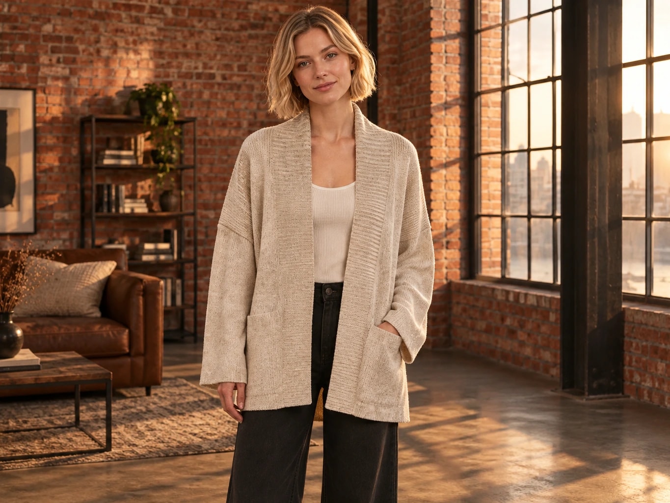 Beige Knitted Cardigan with Belt
