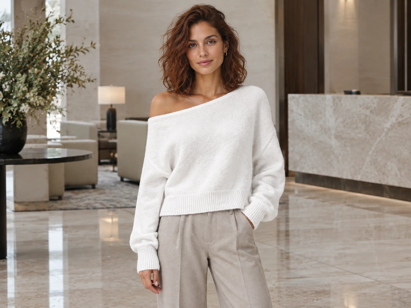Off-Shoulder Boat Neck Knit Sweater