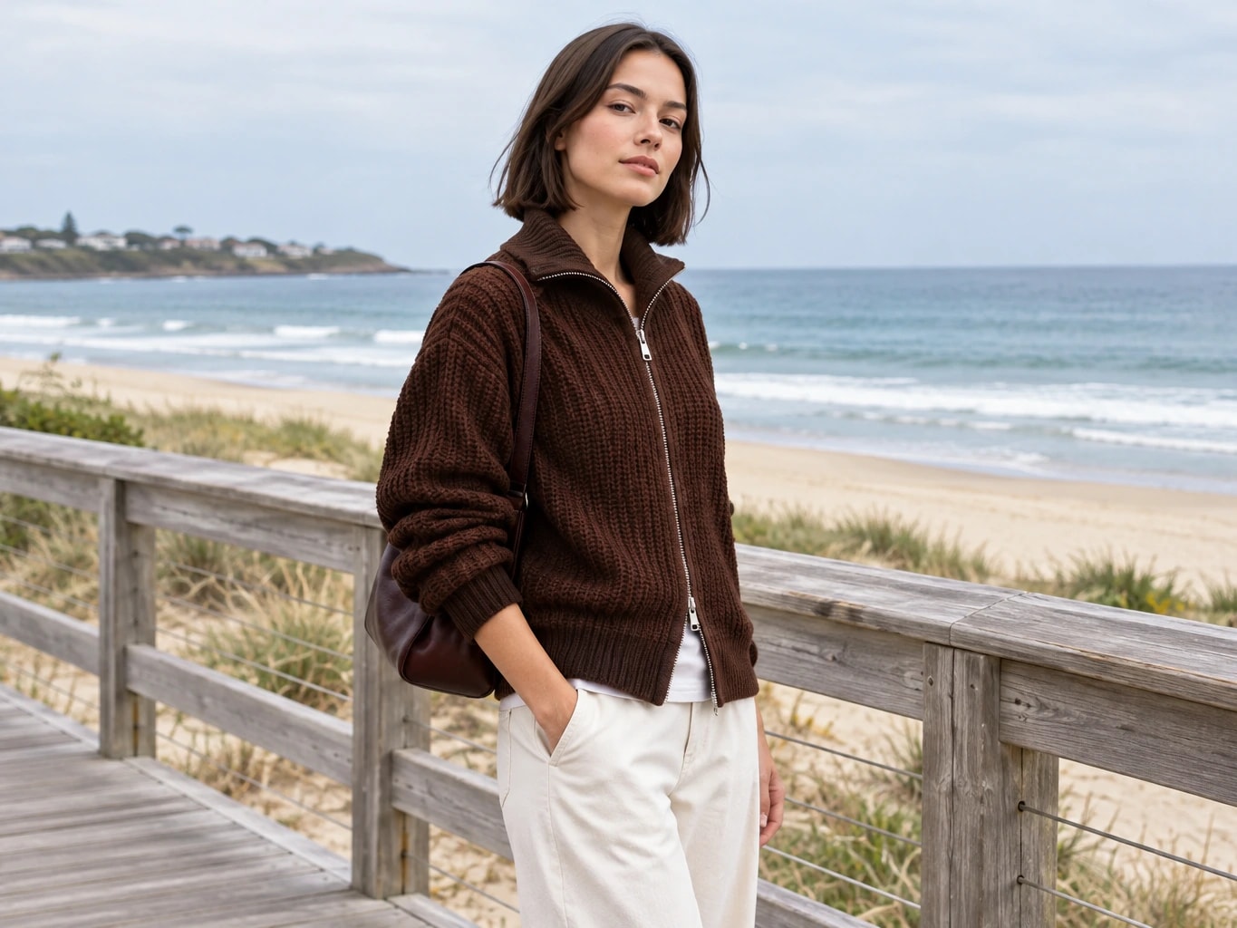 Brown Zip-Up Mock Neck Cardigan