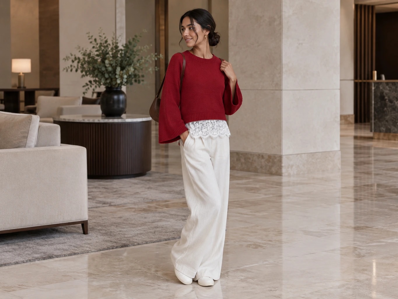 Knitted Sweater with Lace Detail at the Bottom
