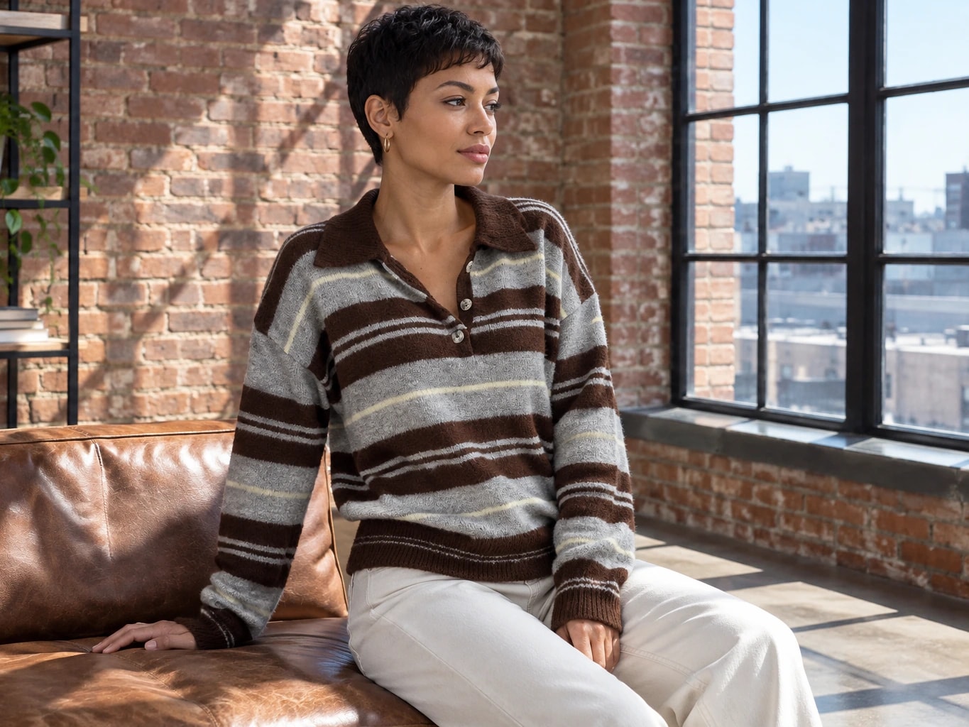 Women's Striped Polo Neck Knitwear