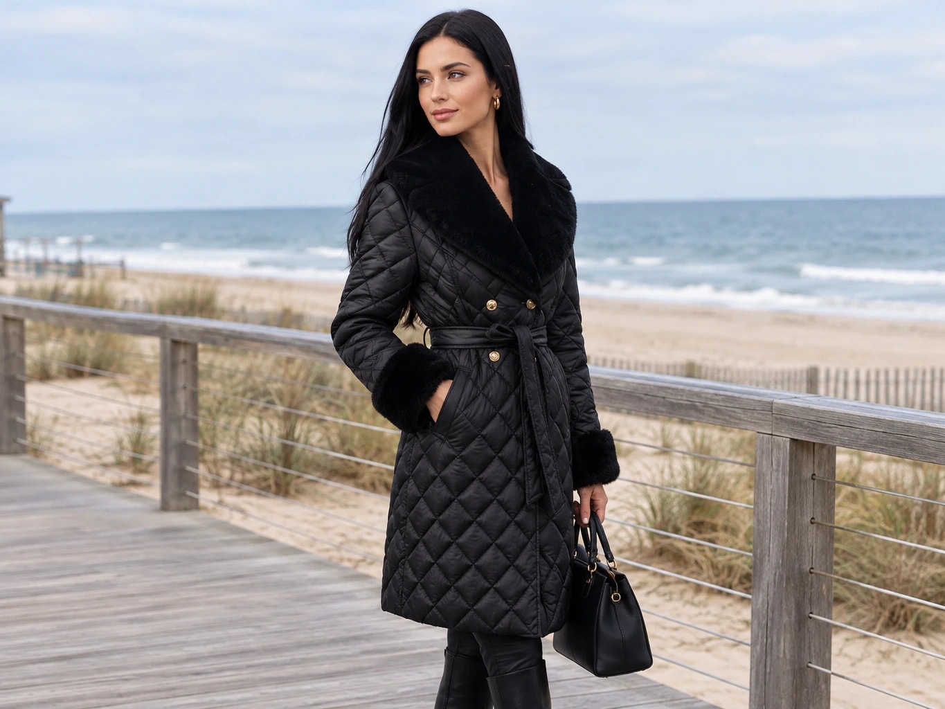 Quilted Coat with Fur Detail