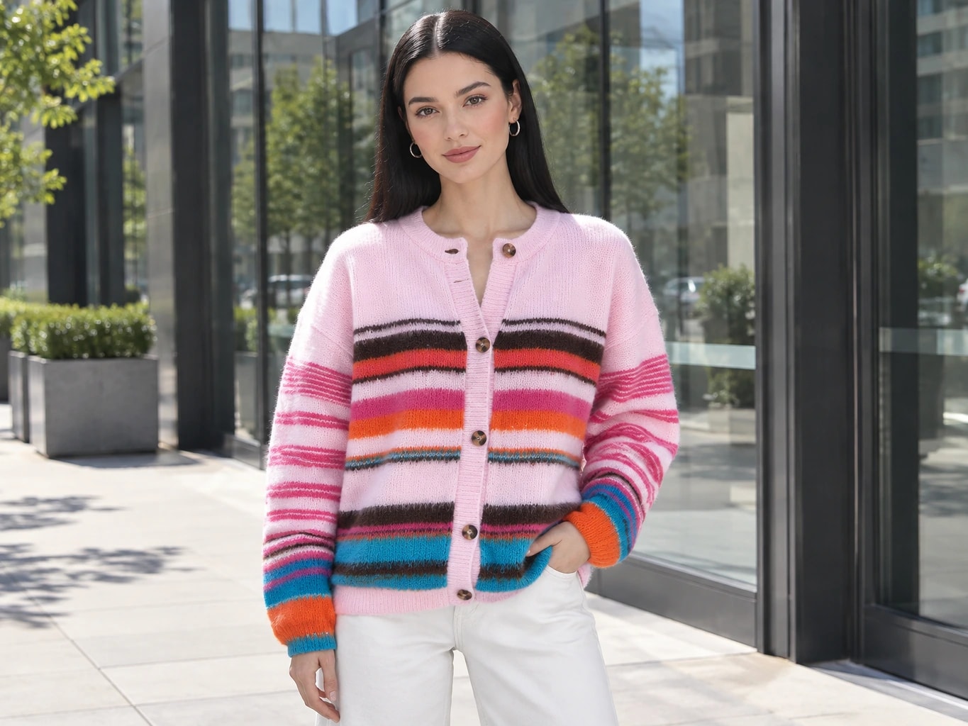 Pink Striped Knit Cardigan